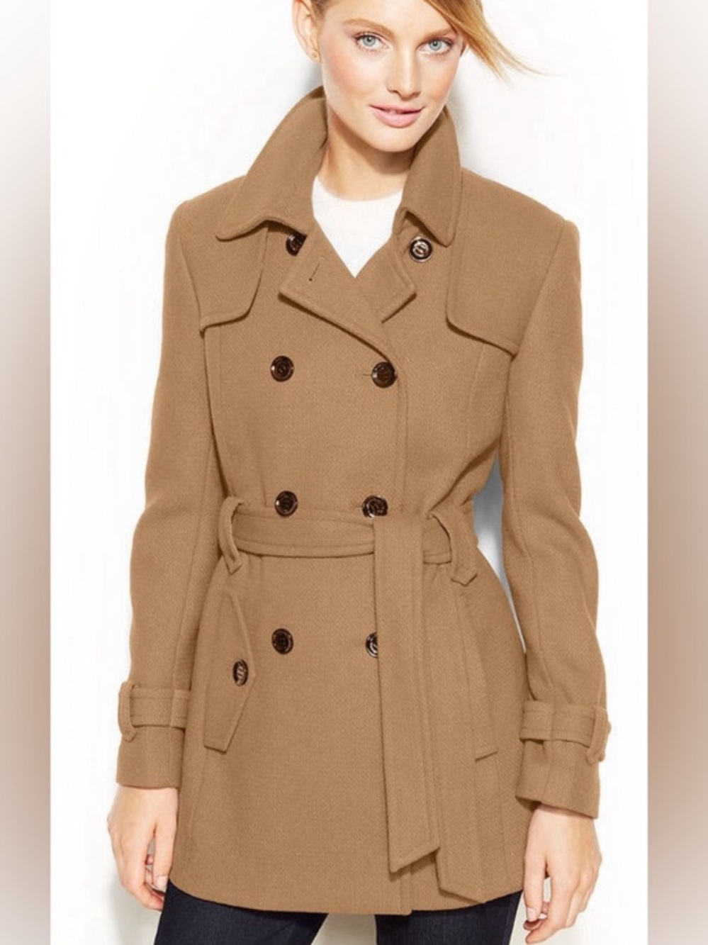 Calvin Klein Camel Tan Double-Breasted Belted Wool Blend Pea Coat Size 8